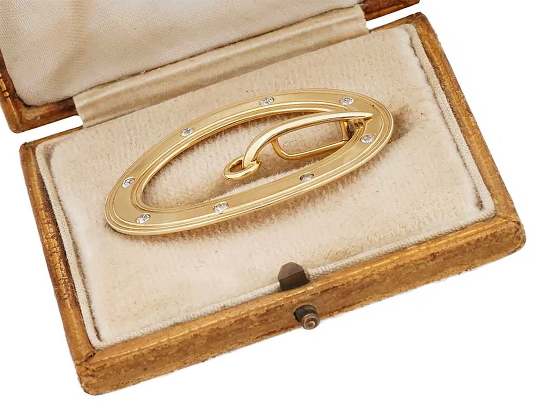 FABERGE - RUSSIAN IMPERIAL GOLD & DIAMOND BELT BUCKLE BROOCH WITH ORIGINAL BOX: No Reserve! Limited-Time Price Reduction! FABERGE - RUSSIAN IMPERIAL GOLD & DIAMOND BELT BUCKLE BROOCH WITH ORIGINAL BOX Offered for your consideration is an exceptionally rare Russian Imperial gold a