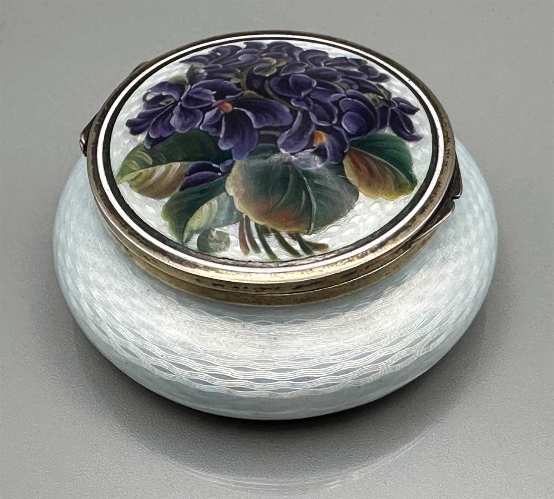 ANTIQUE RUSSIAN SILVER BLUE GUILLOCHE ENAMEL POWDER BOX WITH HAND-PAINTED FLORAL LID (1 of 11)