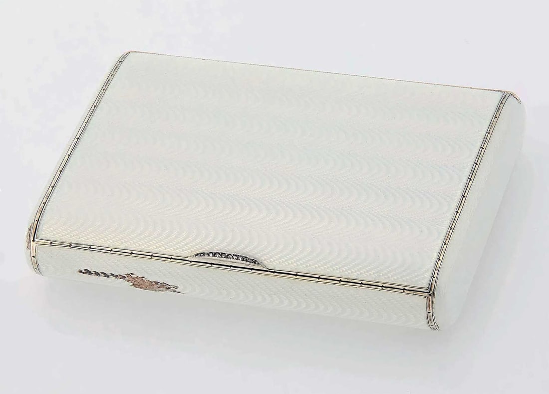 FABERGE - RUSSIAN SILVER ENAMELED CIGARETTE CASE WITH DIAMOND THUMBPIECE FROM SOTHEBY'S (1 of 7)