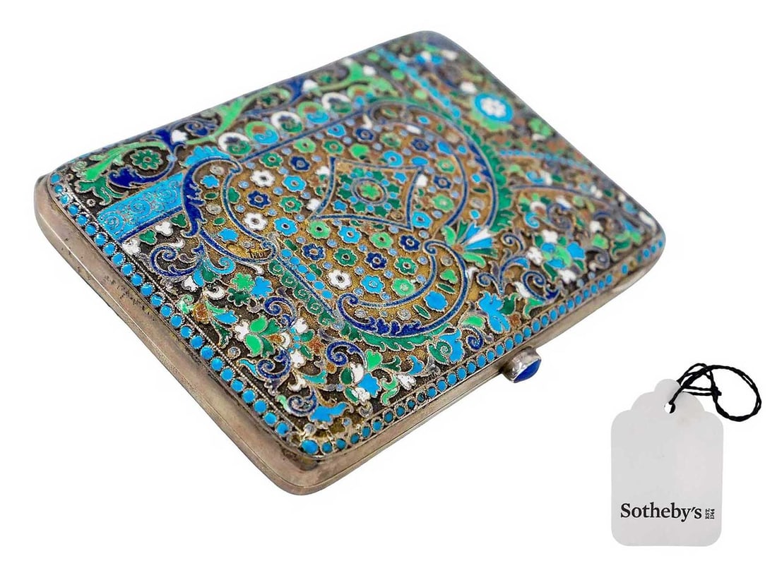 RARE RUSSIAN SILVER CLOISONNE ENAMEL CIGARETTE CASE WITH BLUE CABOCHON FROM SOTHEBY'S (1 of 13)