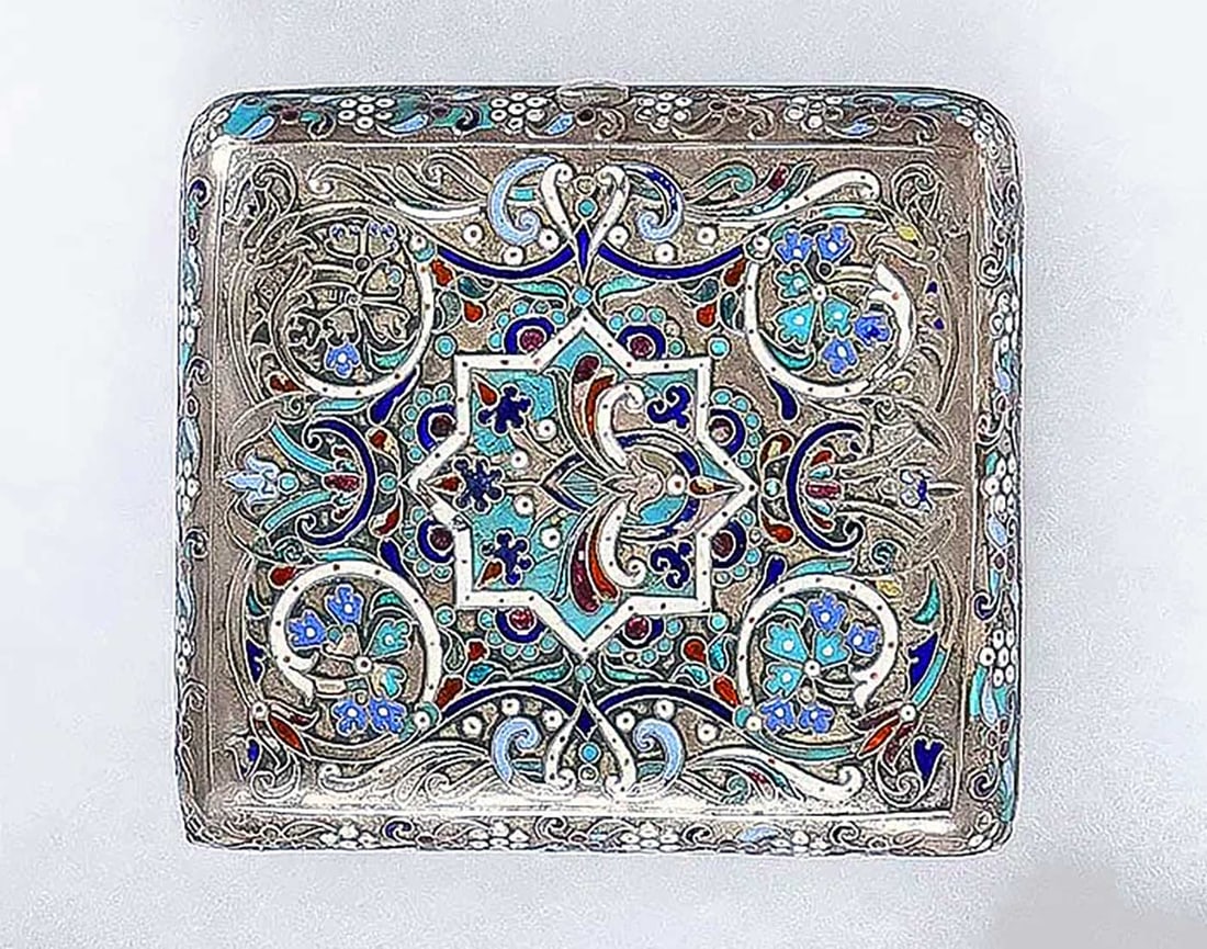 RARE RUSSIAN SILVER CLOISONNE ENAMEL CIGARETTE CASE FROM CHRISTIE'S: No Reserve! Limited-Time Price Reduction! RARE RUSSIAN SILVER CLOISONNE ENAMEL CIGARETTE CASE FROM CHRISTIE'S An exceptional Russian silver cloisonne enamel cigarette case of square form with rounded 