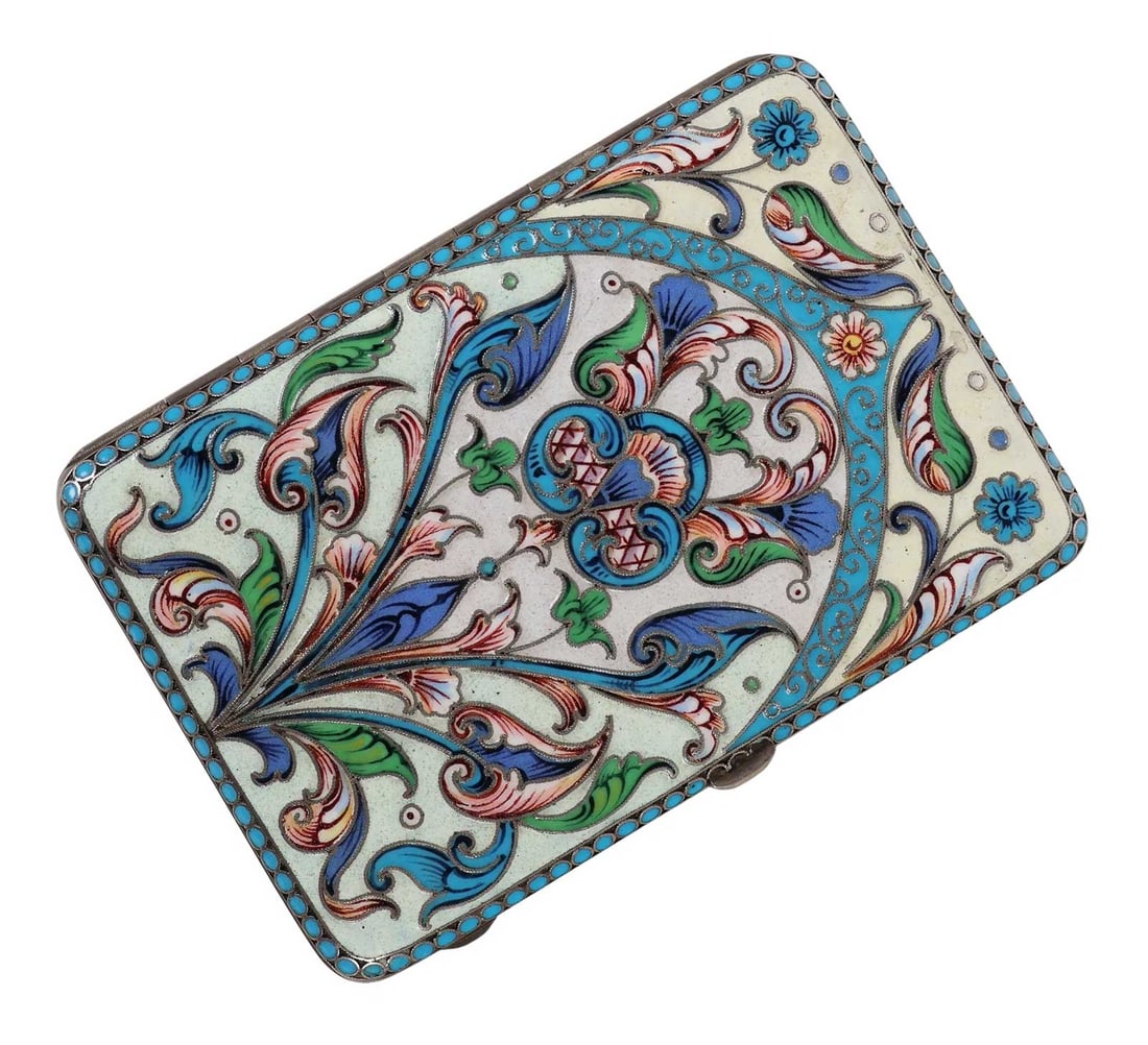 RARE RUSSIAN STERLING SILVER POLYCHROME CLOISONNE ENAMEL CIGARETTE CASE (1 of 12)