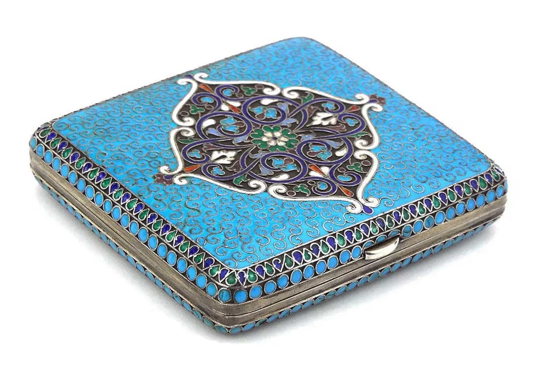 EXCEPTIONAL RUSSIAN GILT SILVER CLOISONNE ENAMEL CIGARETTE CASE (1 of 17)