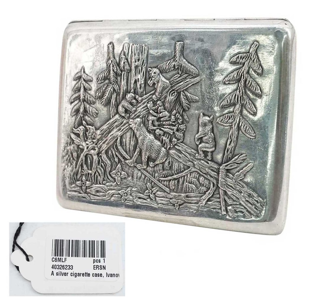RARE LARGE RUSSIAN SILVER CIGARETTE CASE WITH BEAR FOREST SCENE & SAPPHIRE CABOCHON FROM SOTHEBY'S (1 of 14)