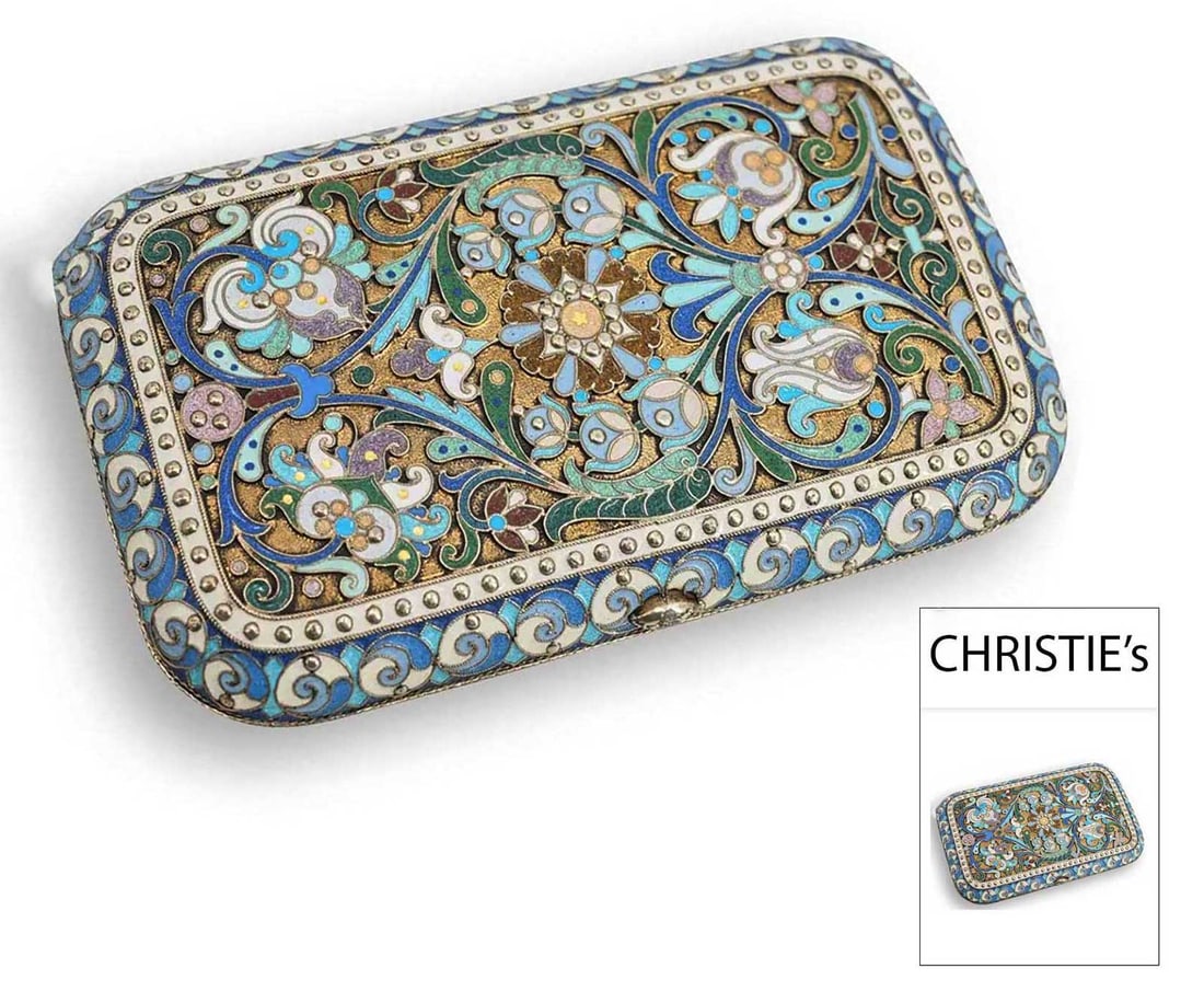 PAVEL OVCHINNIKOV - RUSSIAN GILT SILVER CLOISONNE ENAMEL CIGARETTE CASE FROM CHRISTIE'S: No Reserve! Limited-Time Price Reduction! PAVEL OVCHINNIKOV - RUSSIAN GILT SILVER CLOISONNE ENAMEL CIGARETTE CASE FROM CHRISTIE'S An exquisite Russian gilt silver cigarette case by Pavel Ovchinnikov, 
