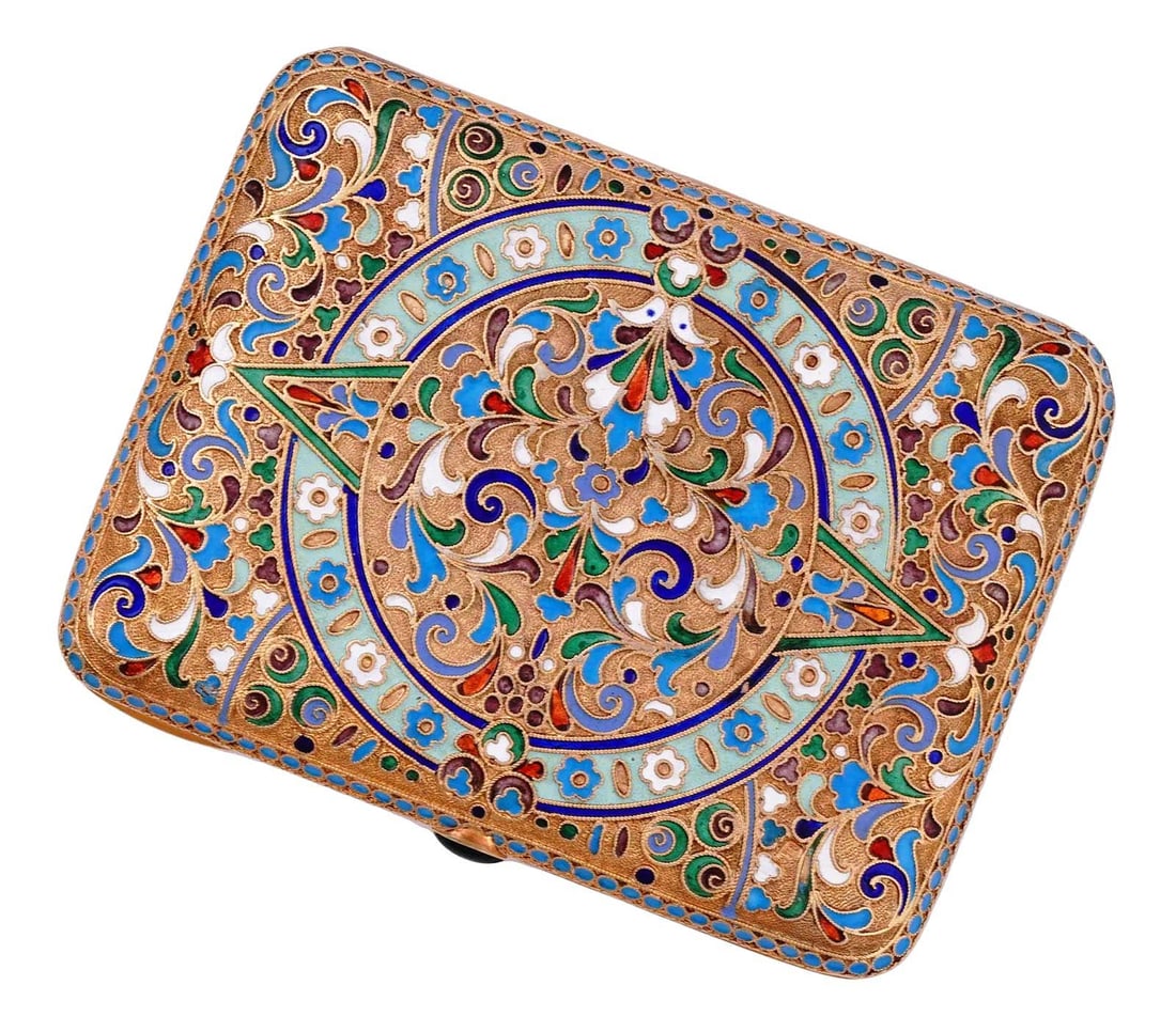 ANTIQUE RUSSIAN IMPERIAL SILVER-GILT CLOISONNE ENAMEL CIGARETTE CASE WITH GREEN CABOCHON (1 of 14)