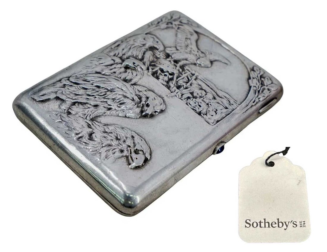 RUSSIAN SILVER CIGARETTE CASE WITH SKULLS & BIRDS OF PREY FROM SOTHEBY'S (1 of 12)