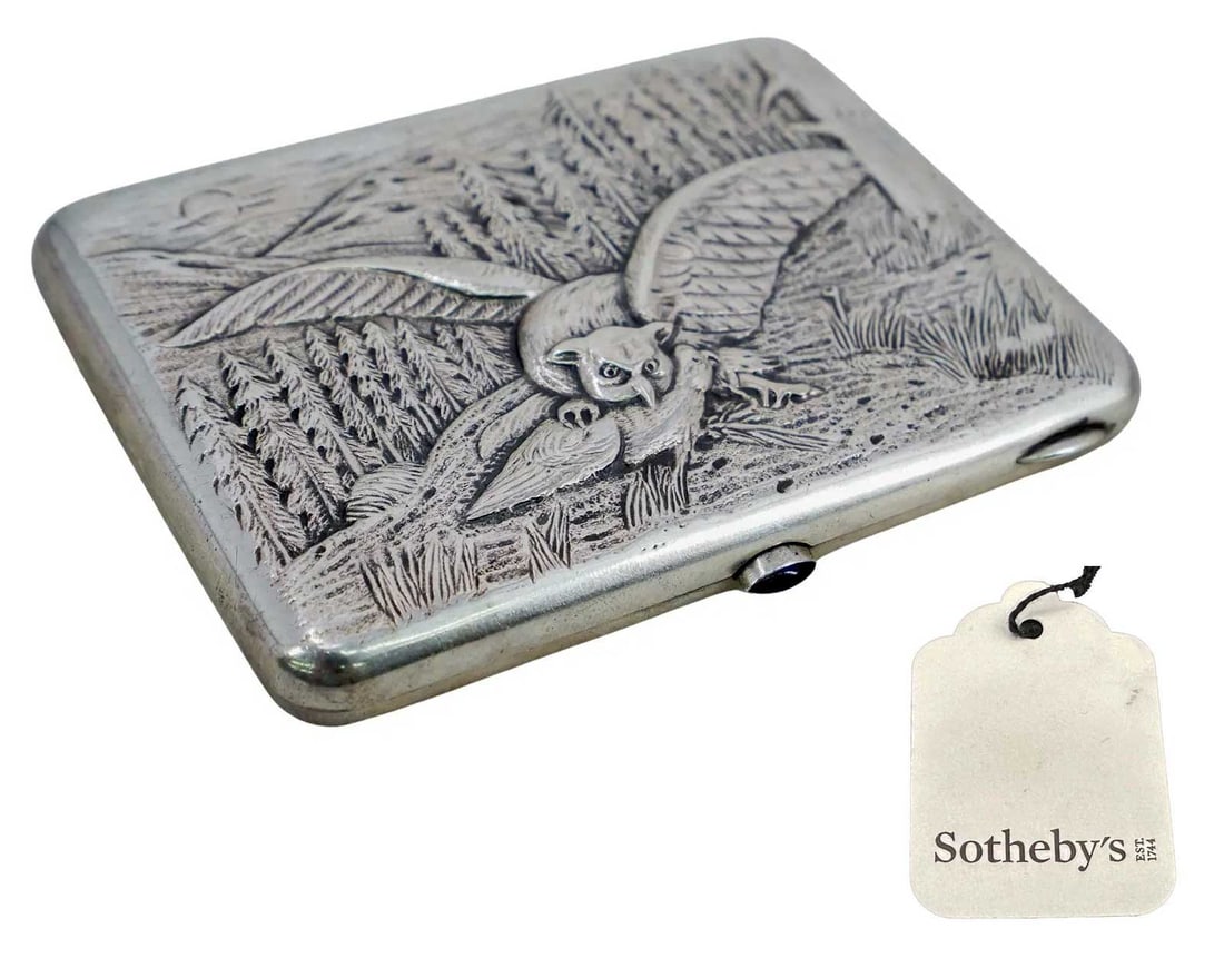 RUSSIAN SILVER CIGARETTE CASE WITH OWL & BIRD RELIEF FROM SOTHEBY'S: No Reserve! Limited-Time Price Reduction! RUSSIAN SILVER CIGARETTE CASE WITH OWL & BIRD RELIEF FROM SOTHEBY'S Presented is an antique Russian silver cigarette case, acquired from a SOTHEBY'S auction. 