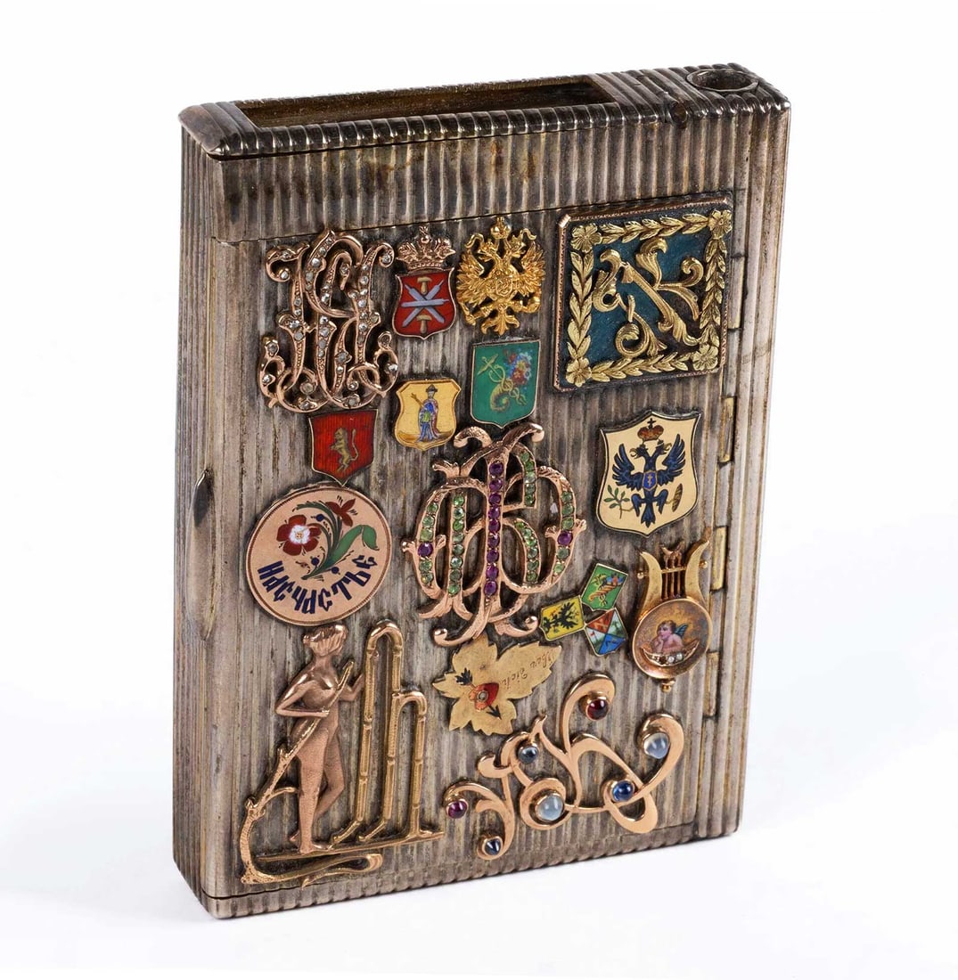 RUSSIAN IMPERIAL SILVER GOLD AND GEMSTONE-MOUNTED CIGARETTE CASE WITH ENAMEL CHARMS (1 of 12)