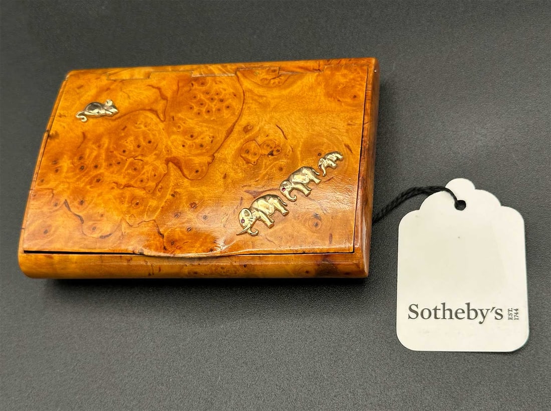 RUSSIAN IMPERIAL KARELIAN BIRCHWOOD CIGARETTE CASE FROM SOTHEBY'S WITH GOLD ELEPHANT MOTIF (1 of 14)