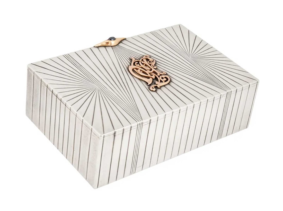 MARIA SEMENOVA - RUSSIAN IMPERIAL SILVER CIGAR BOX WITH GOLD MONOGRAM AND SAPPHIRE THUMBPIECE (1 of 14)