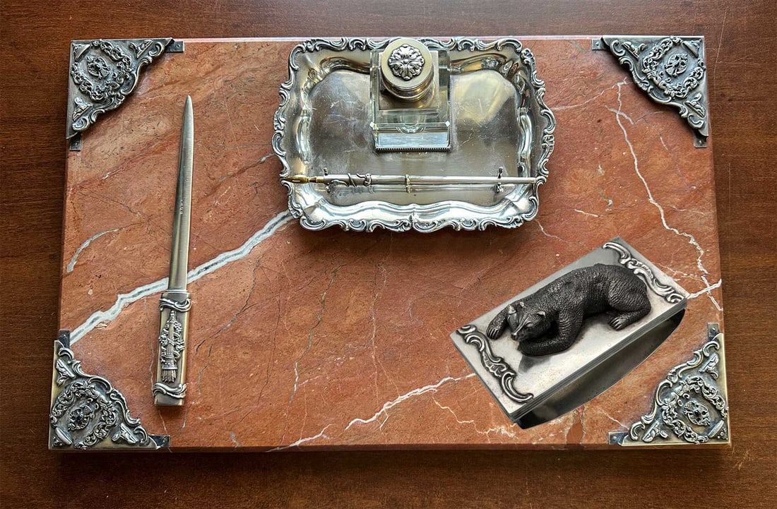 RARE RUSSIAN SILVER AND MARBLE DESK SET WITH DIAMONDS AND SEMI-PRECIOUS STONES (1 of 19)