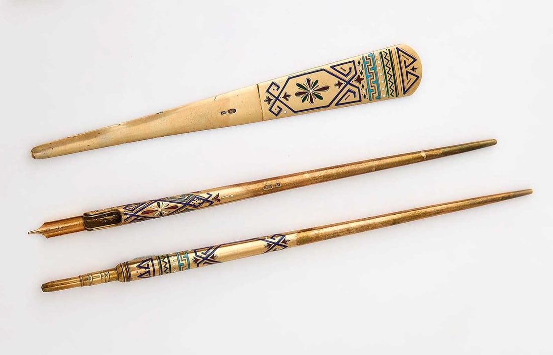 RARE RUSSIAN SILVER-GILT AND CHAMPLEVE ENAMEL DESK SET WITH PEN PENCIL AND PAPER KNIFE (1 of 8)