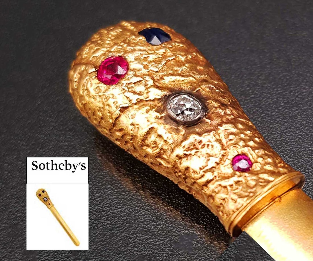 FABERGE - RUSSIAN GOLD SAMORODOK LETTER OPENER WITH DIAMOND SAPPHIRE AND RUBY FROM SOTHEBY'S: No Reserve! Limited-Time Price Reduction! FABERGE - RUSSIAN GOLD SAMORODOK LETTER OPENER WITH DIAMOND SAPPHIRE AND RUBY FROM SOTHEBY'S Presented is an exceptional antique late 19th-century Russian gol