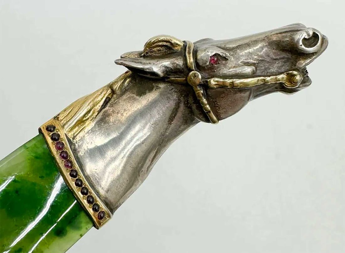 FABERGE - RUSSIAN SILVER AND JADE HORSE HEAD LETTER OPENER CIRCA 1900 (1 of 12)