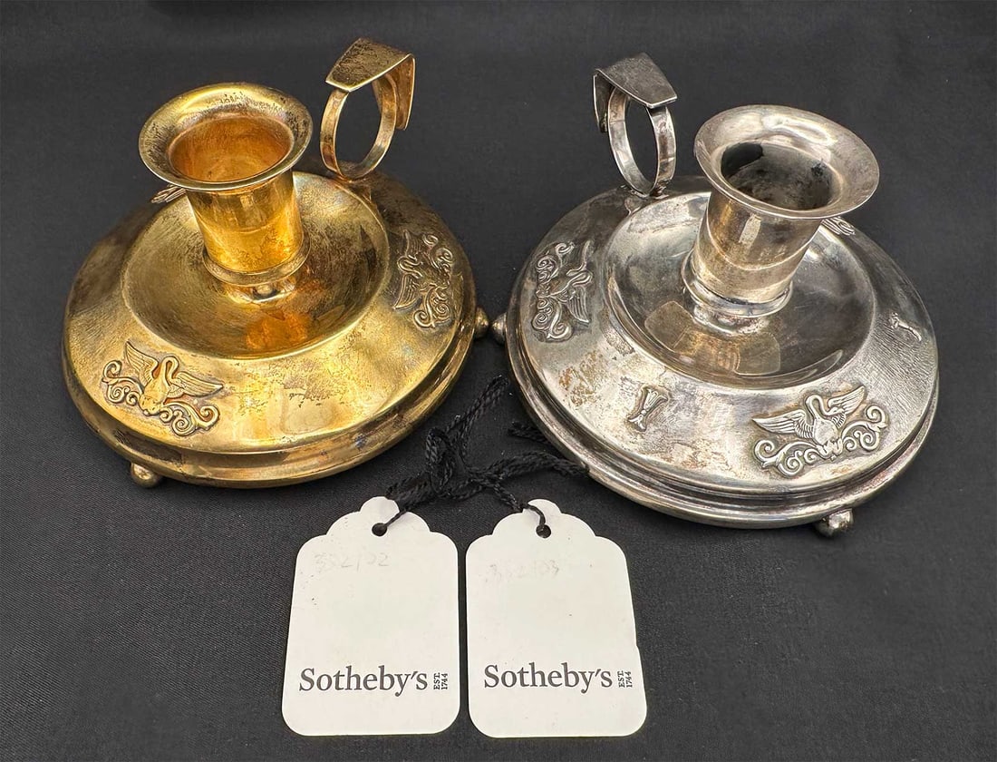 FABERGE - RUSSIAN TWO GILT SILVER CHAMBER CANDLE HOLDERS FROM SOTHEBY'S WITH SWAN MOTIF: No Reserve! Limited-Time Price Reduction! FABERGE - RUSSIAN TWO GILT SILVER CHAMBER CANDLE HOLDERS FROM SOTHEBY'S WITH SWAN MOTIF Presented is a rare pair of antique Faberge gilt silver chamber candle
