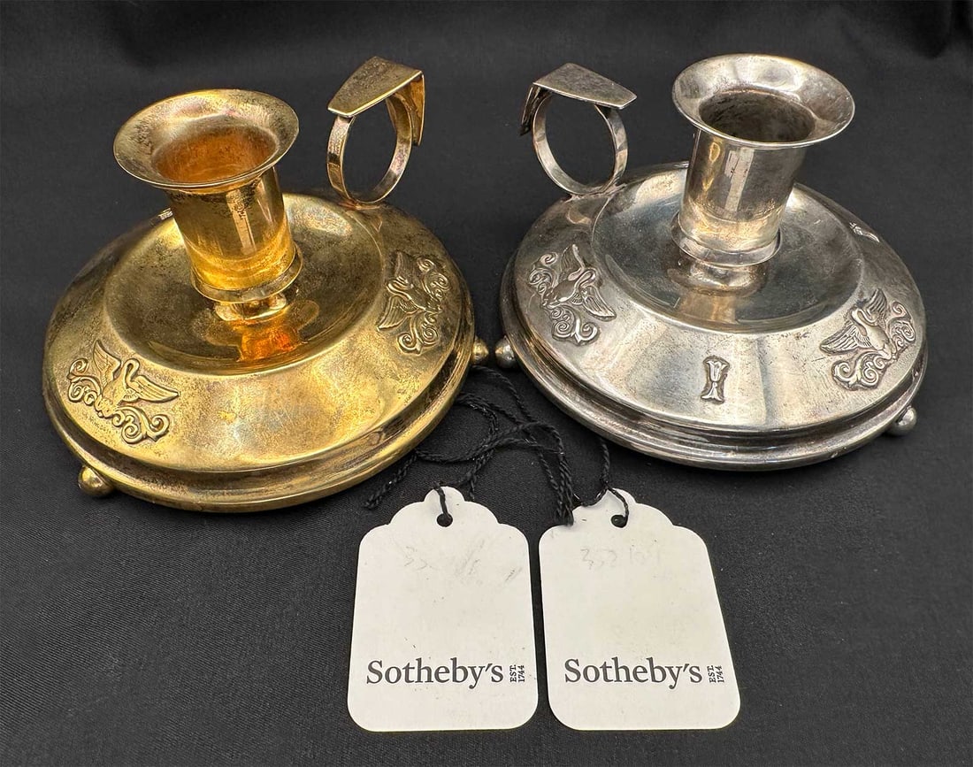 FABERGE - RUSSIAN TWO GILT SILVER CHAMBER CANDLE HOLDERS FROM SOTHEBY'S WITH SWAN MOTIF: No Reserve! Limited-Time Price Reduction! FABERGE - RUSSIAN TWO GILT SILVER CHAMBER CANDLE HOLDERS FROM SOTHEBY'S WITH SWAN MOTIF Presented is a rare pair of antique Faberge gilt silver chamber candle