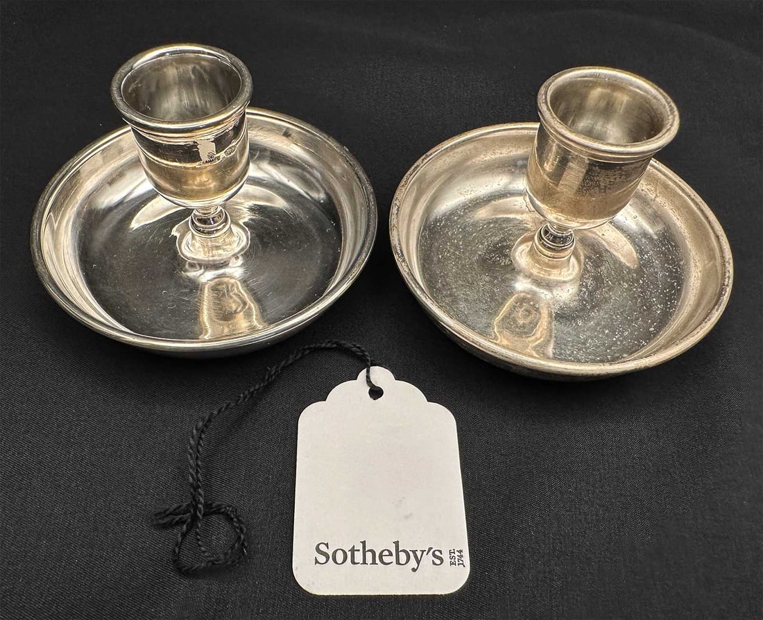 FABERGE - RUSSIAN TWO GILT SILVER CHAMBER CANDLE HOLDERS FROM SOTHEBY'S WITH SWAN MOTIF: No Reserve! Limited-Time Price Reduction! FABERGE - RUSSIAN TWO GILT SILVER CHAMBER CANDLE HOLDERS FROM SOTHEBY'S WITH SWAN MOTIF Presented is a rare pair of antique Faberge gilt silver chamber candle