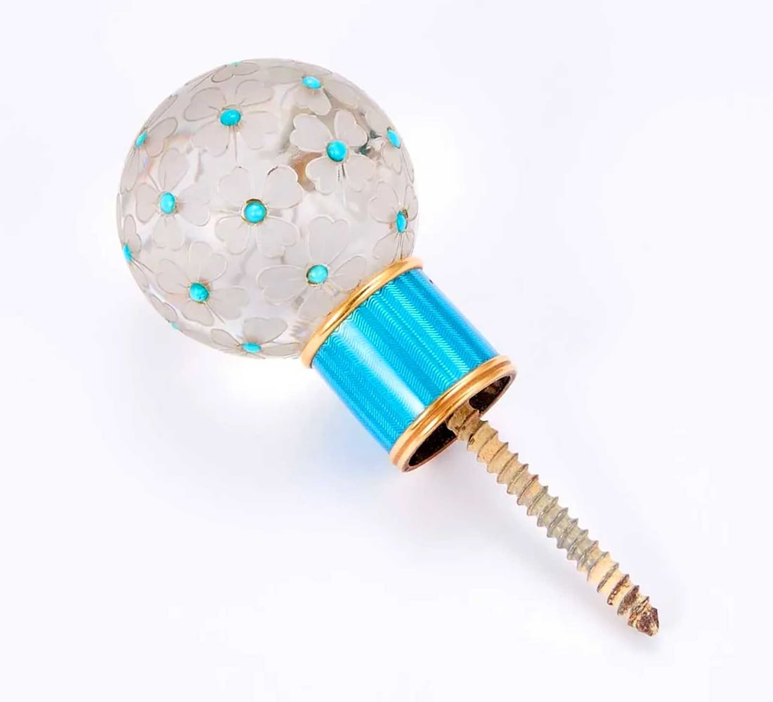 RUSSIAN ROCK CRYSTAL CANE HANDLE WITH TURQUOISE AND BLUE GUILLOCHE ENAMEL ATTRIBUTED TO FABERGE (1 of 7)