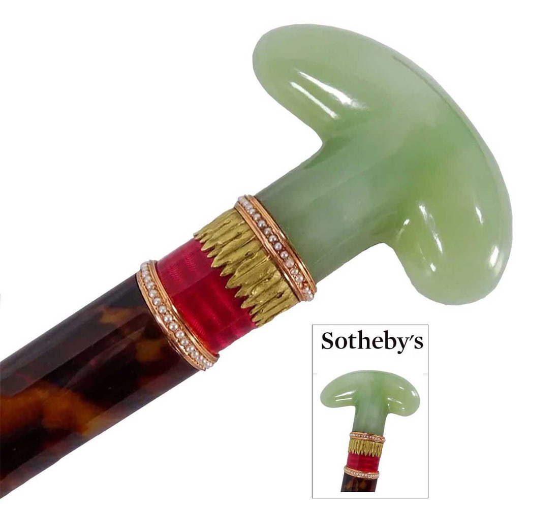 FABERGE - RUSSIAN TWO-COLOR GOLD ENAMEL BOWENITE CANE HANDLE WITH SEED PEARLS FROM SOTHEBY'S (1 of 13)