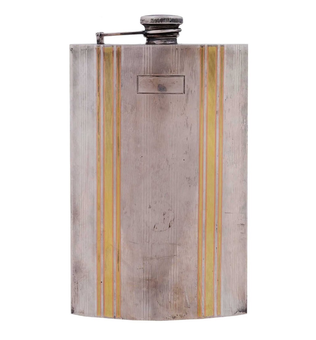 ANTIQUE AMERICAN SILVER FLASK WITH GOLD INLAID STRIPES FROM CHRISTIE'S CIRCA 1900: No Reserve! Limited-Time Price Reduction! ANTIQUE AMERICAN SILVER FLASK WITH GOLD INLAID STRIPES FROM CHRISTIE'S CIRCA 1900 Presented is an elegant antique American silver flask from Christie's, circa