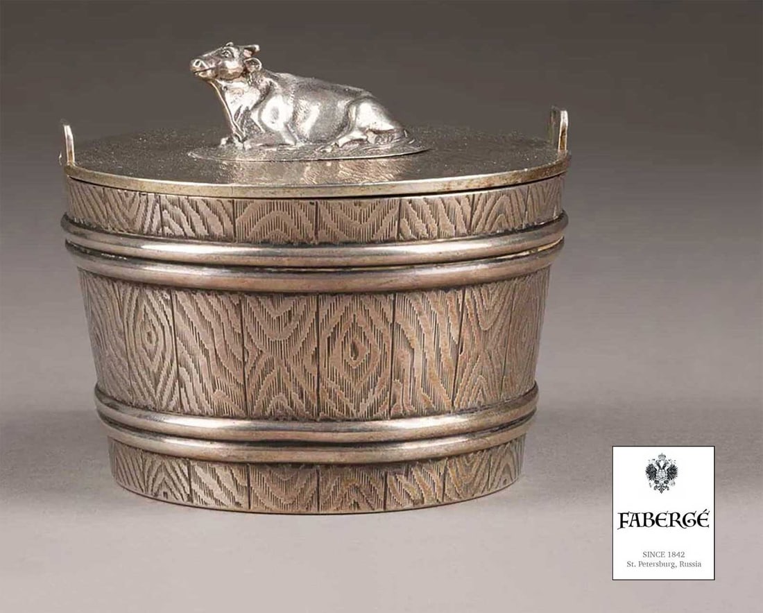 FABERGE - RUSSIAN SILVER TROMPE L'OEIL BUTTER DISH BOWL WITH COW FIGURE (1 of 10)