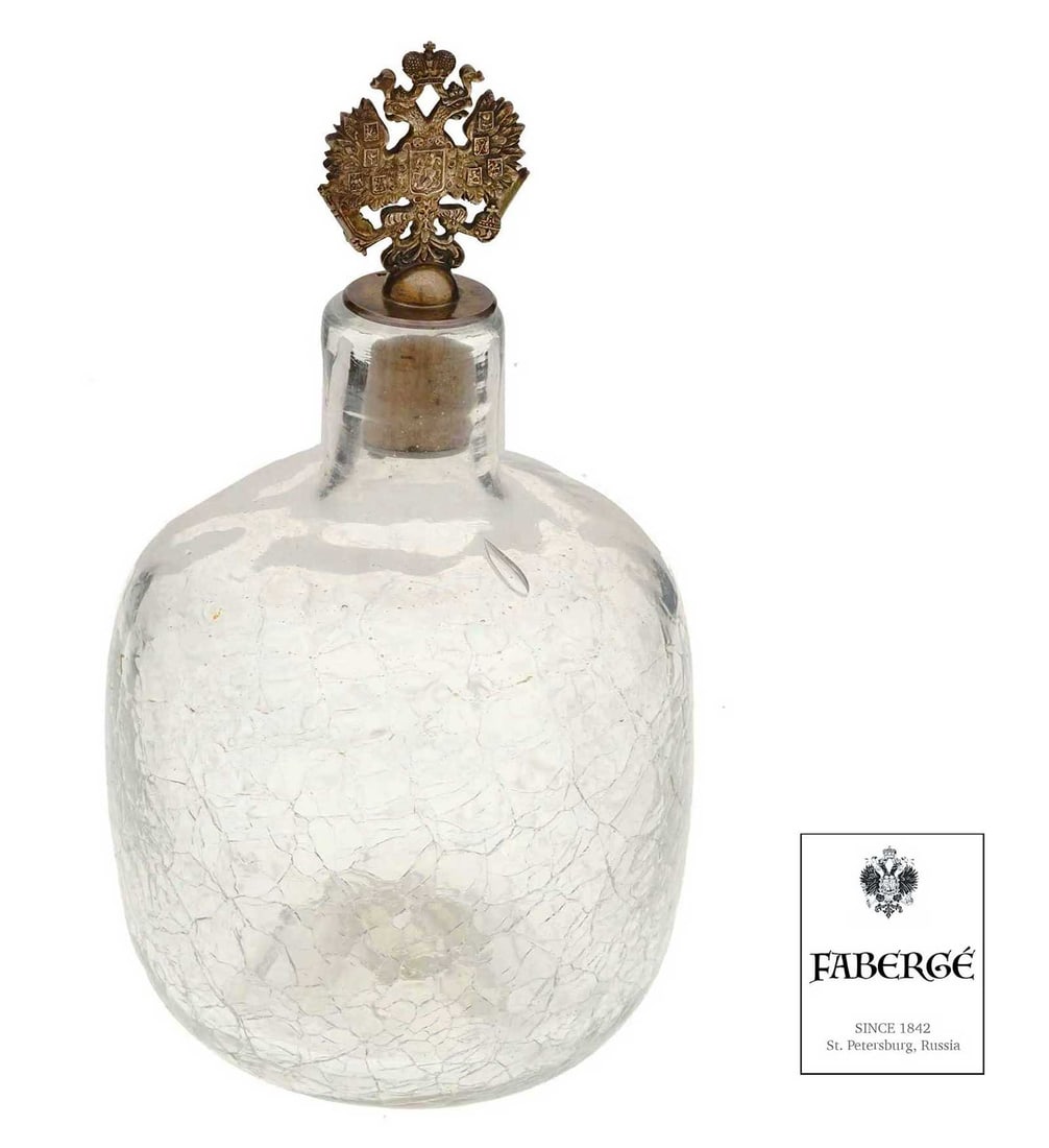 FABERGE - RUSSIAN IMPERIAL CRYSTAL SILVER GILT DECANTER WITH LESSER COAT OF ARMS: No Reserve! Limited-Time Price Reduction! FABERGE - RUSSIAN IMPERIAL CRYSTAL SILVER GILT DECANTER WITH LESSER COAT OF ARMS Presented is an exceptional antique Russian crystal glass decanter from the 1