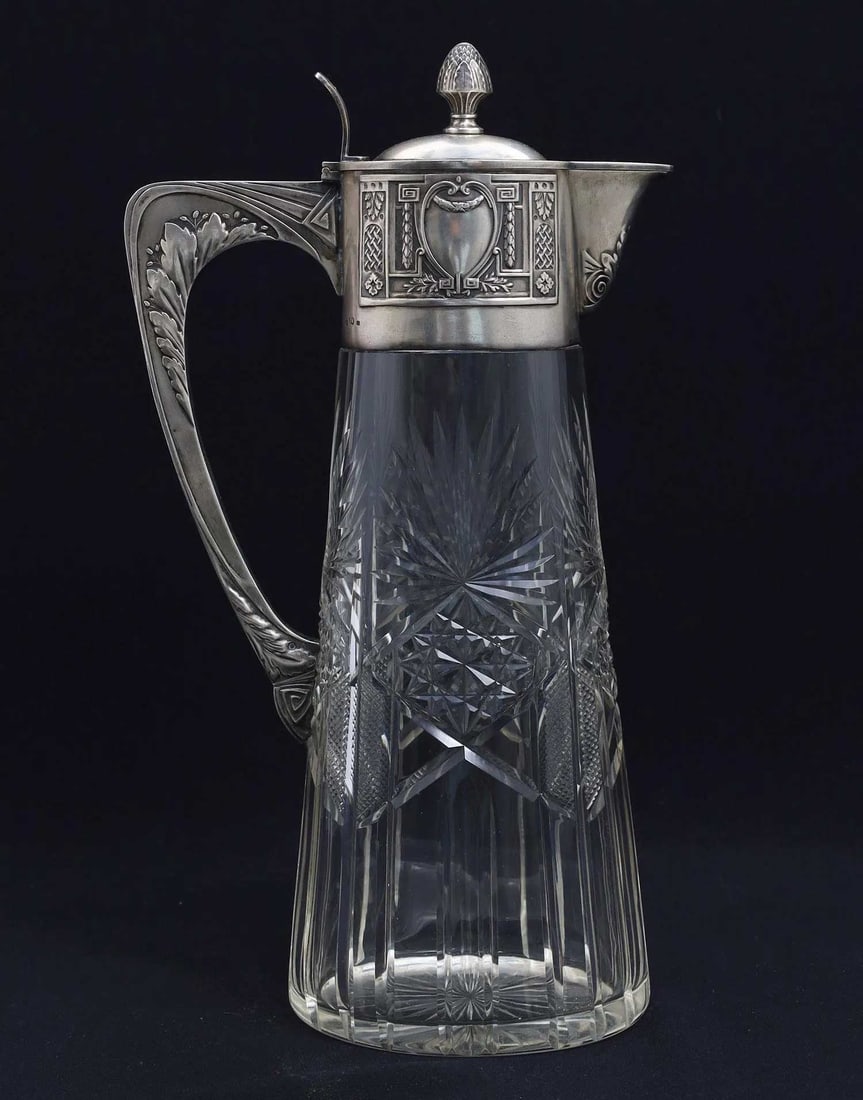 LARGE RUSSIAN SILVER-MOUNTED CUT GLASS DECANTER DATED 1908: No Reserve! Limited-Time Price Reduction! LARGE RUSSIAN SILVER-MOUNTED CUT GLASS DECANTER DATED 1908 Presented is a magnificent large Russian silver-mounted cut glass decanter, dated 1908, showcasing 