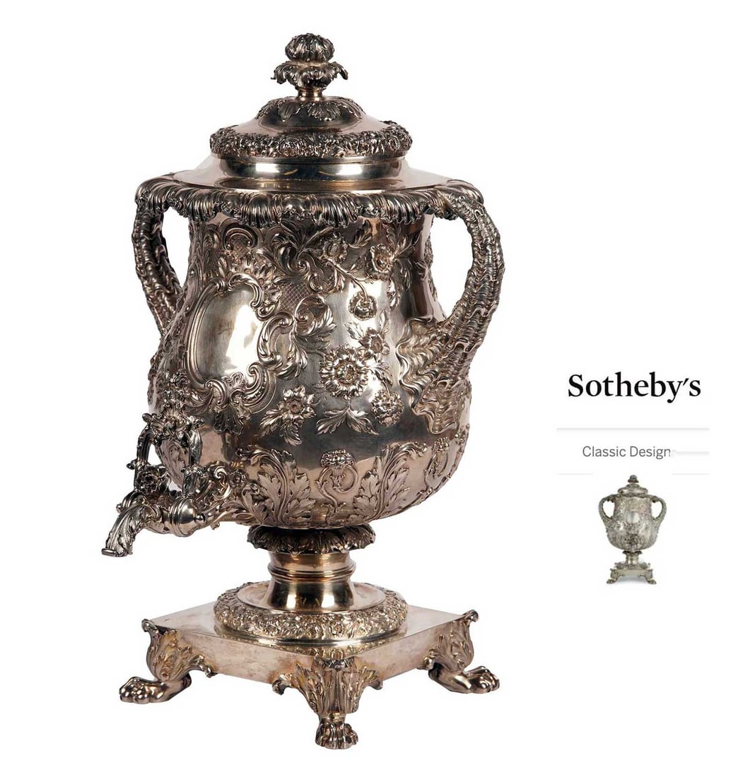 PAUL STORR - EXTREMELY RARE LARGE STERLING SILVER TEA URN SAMOVAR 1826 FROM SOTHEBY'S: No Reserve! Limited-Time Price Reduction! PAUL STORR - EXTREMELY RARE LARGE STERLING SILVER TEA URN SAMOVAR 1826 FROM SOTHEBY'S Presented is an extremely rare large and heavy sterling silver tea urn (