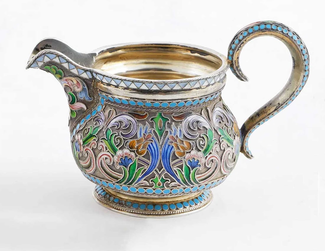 ANTIQUE RUSSIAN SILVER AND ENAMEL CREAMER WITH GILT INTERIOR (1 of 9)