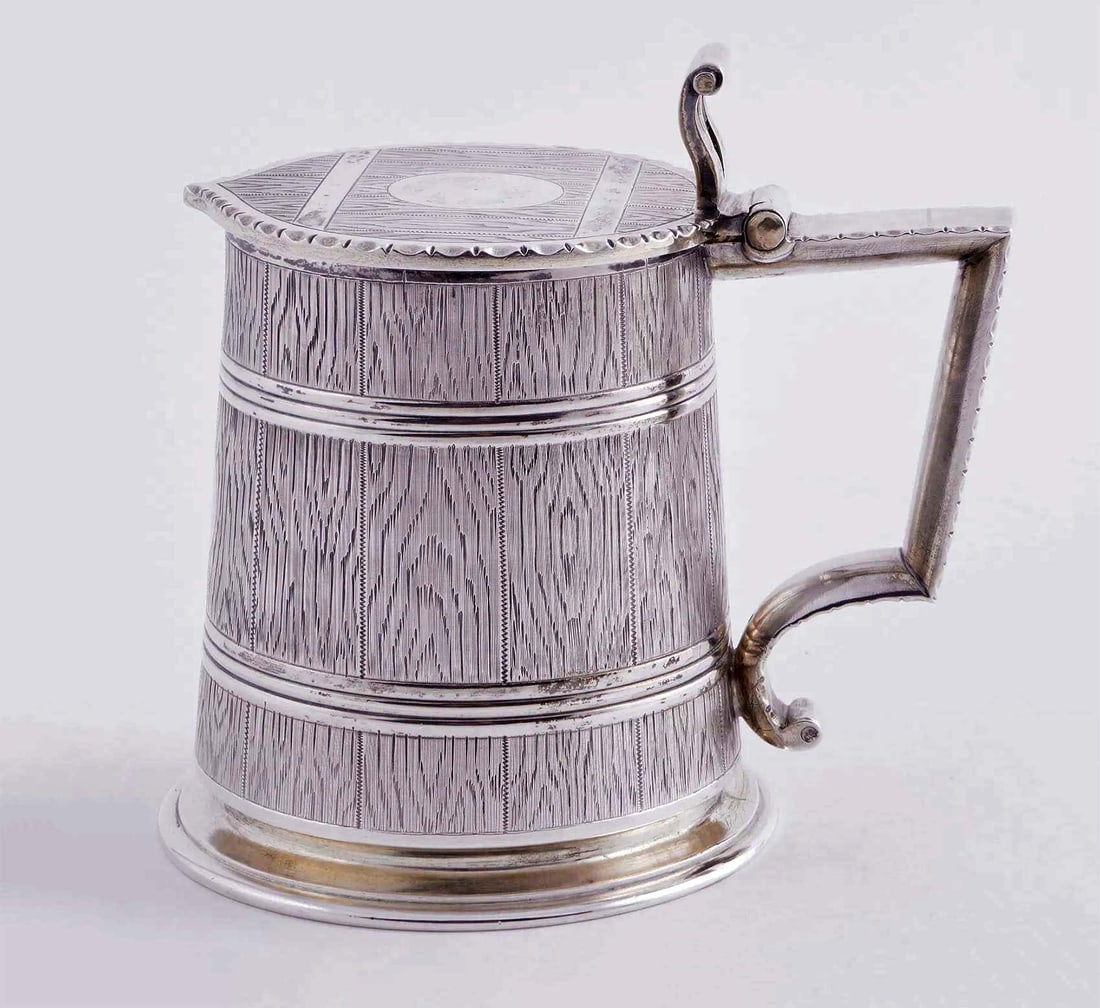 RARE RUSSIAN SILVER TANKARD TROMPE L'OEIL BARREL DESIGN MOSCOW 1864: No Reserve! Limited-Time Price Reduction! RARE RUSSIAN SILVER TANKARD TROMPE L'OEIL BARREL DESIGN MOSCOW 1864 Presented is a rare antique Russian silver tankard from Moscow, dating to 1864 and crafted