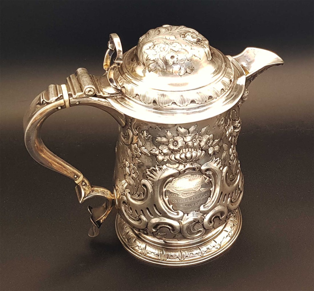 ANTIQUE GEORGE II LARGE SILVER COVERED TANKARD THOMAS COOKE II & RICHARD GURNEY LONDON 1753: No Reserve! Limited-Time Price Reduction! ANTIQUE GEORGE II LARGE SILVER COVERED TANKARD THOMAS COOKE II & RICHARD GURNEY LONDON 1753 Presented is an exceptional George II sterling silver covered tank