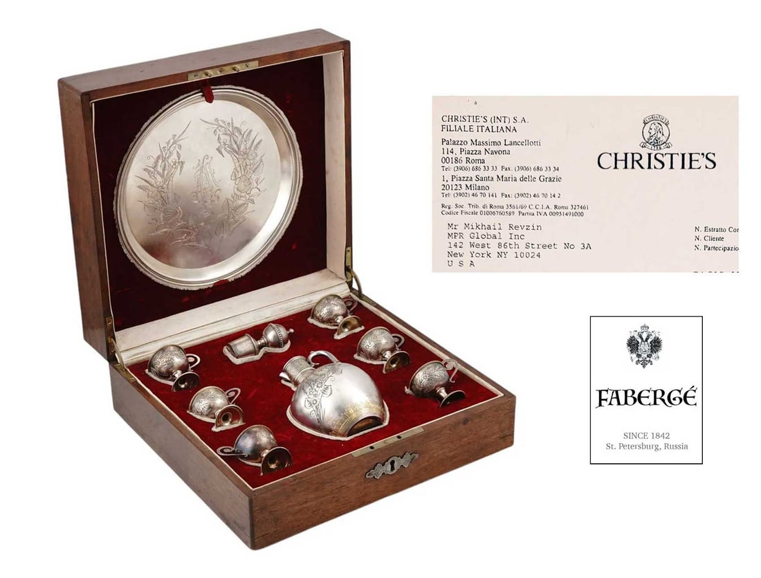 FABERGE - RUSSIAN CASED SILVER VODKA SET WITH TRAY CIRCA 1890 FROM CHRISTIE'S: No Reserve! Limited-Time Price Reduction! FABERGE - RUSSIAN CASED SILVER VODKA SET WITH TRAY CIRCA 1890 FROM CHRISTIE'S Presented is a magnificent antique Russian silver vodka service by Karl Faberge,