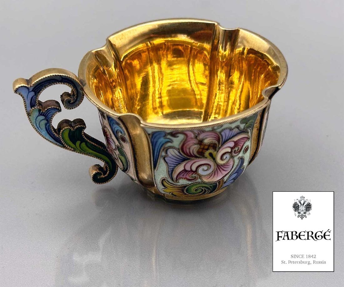 FABERGE FEODOR RUCKERT RUSSIAN CLOISONNE ENAMELED GILT SILVER CUP (1 of 16)