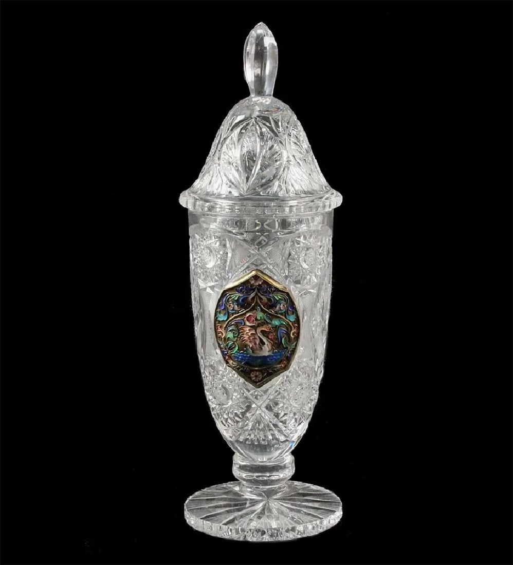 MONUMENTAL RUSSIAN IMPERIAL CUT GLASS LIDDED VASE WITH CLOISONNE ENAMELED SILVER PANEL (1 of 18)