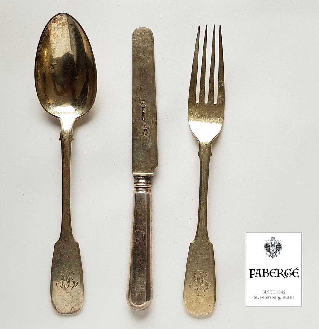 FABERGE - RUSSIAN SILVER FLATWARE SET WITH CYRILLIC MONOGRAM "AV" 1896: No Reserve! Limited-Time Price Reduction! FABERGE - RUSSIAN SILVER FLATWARE SET WITH CYRILLIC MONOGRAM "AV" 1896 Presented is a beautiful antique Russian silver flatware set by Faberge, dating to 1896