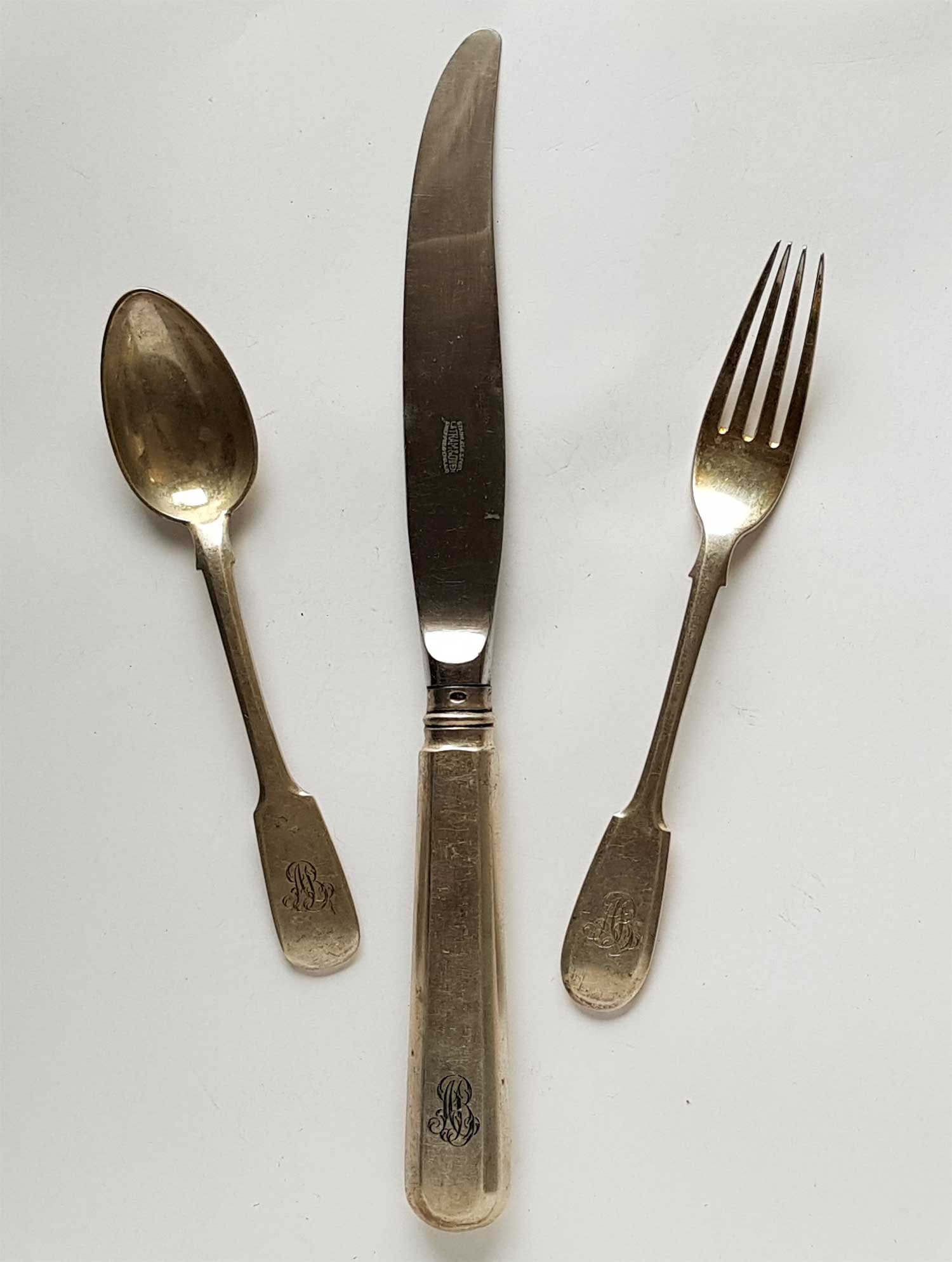 FABERGE - RUSSIAN IMPERIAL SILVER FLATWARE SET WITH CYRILLIC MONOGRAM "AV" 1896: No Reserve! Limited-Time Price Reduction! FABERGE - RUSSIAN IMPERIAL SILVER FLATWARE SET WITH CYRILLIC MONOGRAM "AV" 1896 Presented is an exceptional antique Russian Imperial silver flatware set by Fa