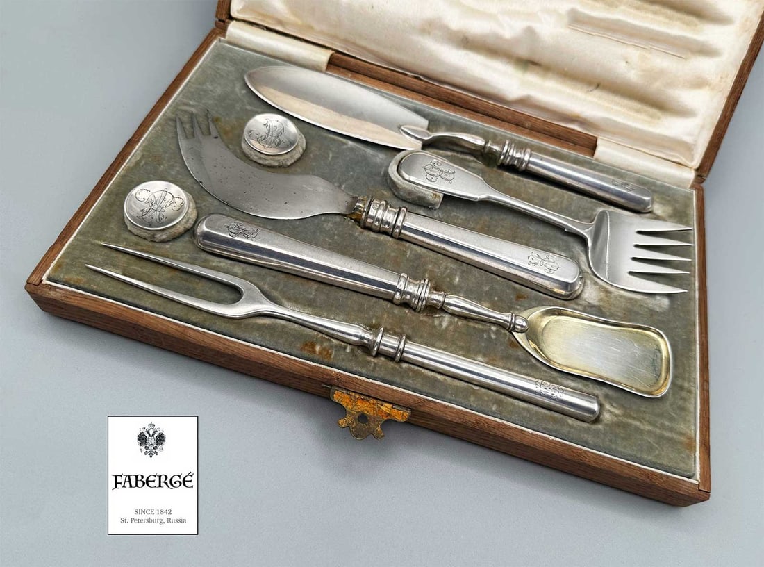 FABERGE - EXTREMELY RARE RUSSIAN SILVER SEVEN-PIECE SERVING SET IN ORIGINAL CASE 1896 (1 of 20)