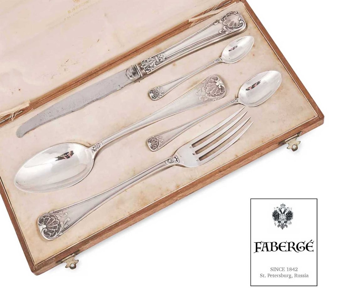 FABERGE - RUSSIAN SILVER CUTLERY SET IN ORIGINAL CASE MOSCOW 1882: No Reserve! Limited-Time Price Reduction! FABERGE - RUSSIAN SILVER CUTLERY SET IN ORIGINAL CASE MOSCOW 1882 Presented is a rare antique Russian silver cutlery set by Karl Faberge, crafted in Moscow in