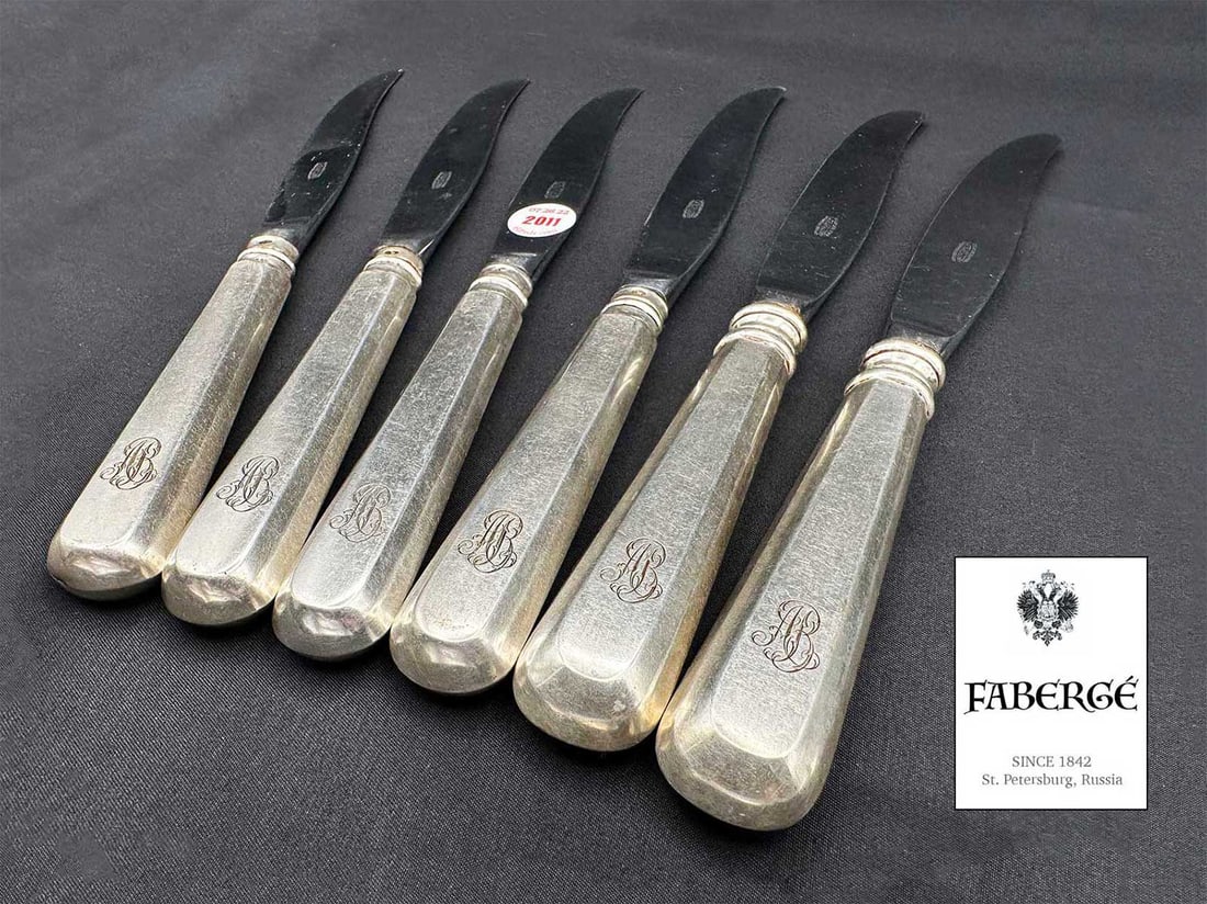 FABERGE - RUSSIAN IMPERIAL SIX SILVER KNIVES WITH ANTONIE VOLKOFF MONOGRAMS, 1896 (1 of 18)