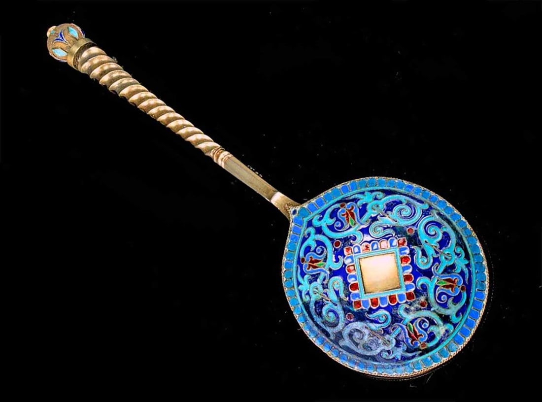 FABERGE - RUSSIAN IMPERIAL SILVER GILT & CLOISONNE ENAMEL LARGE SERVING SPOON, 1887 (1 of 16)
