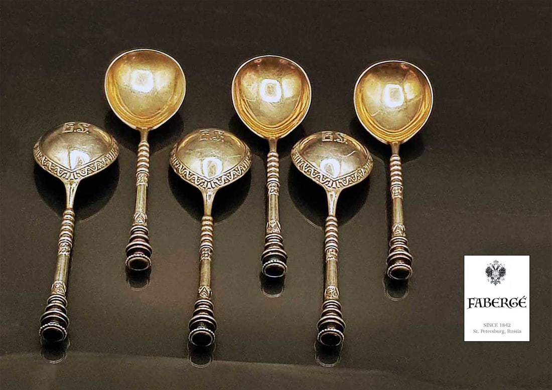 FABERGE - RUSSIAN IMPERIAL SET OF SIX LARGE SILVER TABLE SPOONS, 1896: No Reserve! Limited-Time Price Reduction! FABERGE - RUSSIAN IMPERIAL SET OF SIX LARGE SILVER TABLE SPOONS, 1896 Presented is a rare set of six large Russian Imperial silver table spoons crafted by the