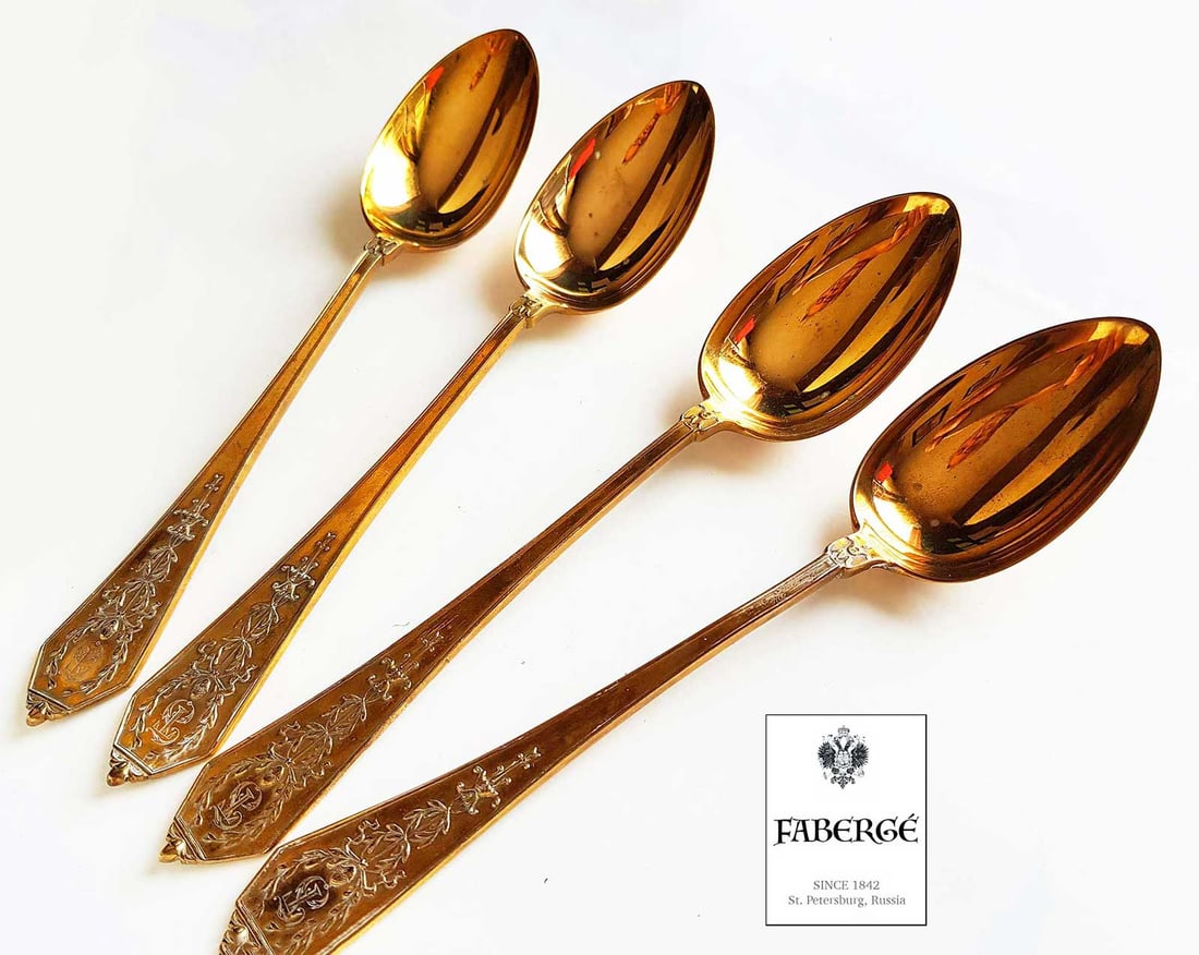 FABERGE - RUSSIAN IMPERIAL SET OF FOUR SILVER GILT TABLE SPOONS, TRUBEZKOY FAMILY: No Reserve! Limited-Time Price Reduction! FABERGE - RUSSIAN IMPERIAL SET OF FOUR SILVER GILT TABLE SPOONS, TRUBEZKOY FAMILY Presented is a rare set of four Russian Imperial silver gilt table spoons cr