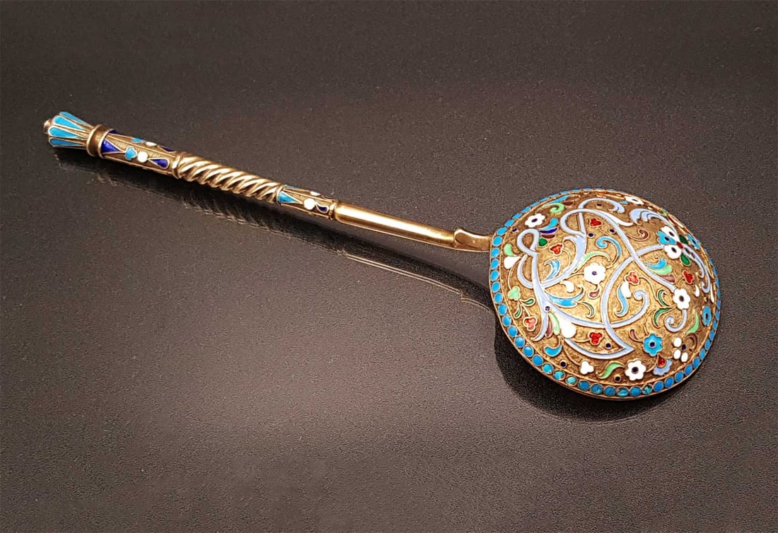 RARE RUSSIAN SILVER GILT & ENAMEL LARGE SERVING SPOON (1 of 18)