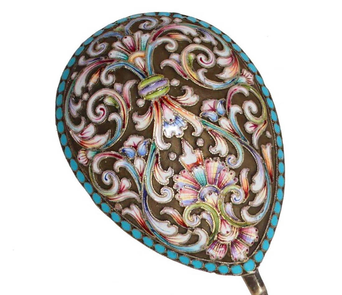 IVAN KHLEBNIKOV - LARGE RUSSIAN SILVER & CLOISONNE ENAMEL SPOON: No Reserve! Limited-Time Price Reduction! IVAN KHLEBNIKOV - LARGE RUSSIAN SILVER & CLOISONNE ENAMEL SPOON This Russian Imperial Period serving spoon was crafted in St. Petersburg in the late 19th cent