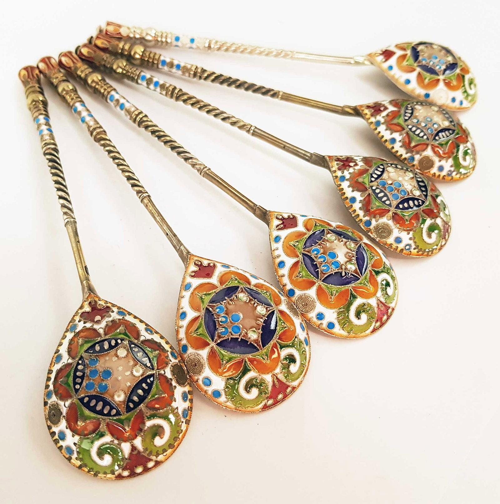FEODOR RUCKERT - SET OF SIX RUSSIAN SILVER GILT & CLOISONNE ENAMEL SPOONS: No Reserve! Limited-Time Price Reduction! FEODOR RUCKERT - SET OF SIX RUSSIAN SILVER GILT & CLOISONNE ENAMEL SPOONS A magnificent set of six Russian 88 silver gilt serving spoons by Feodor Ruckert, ri