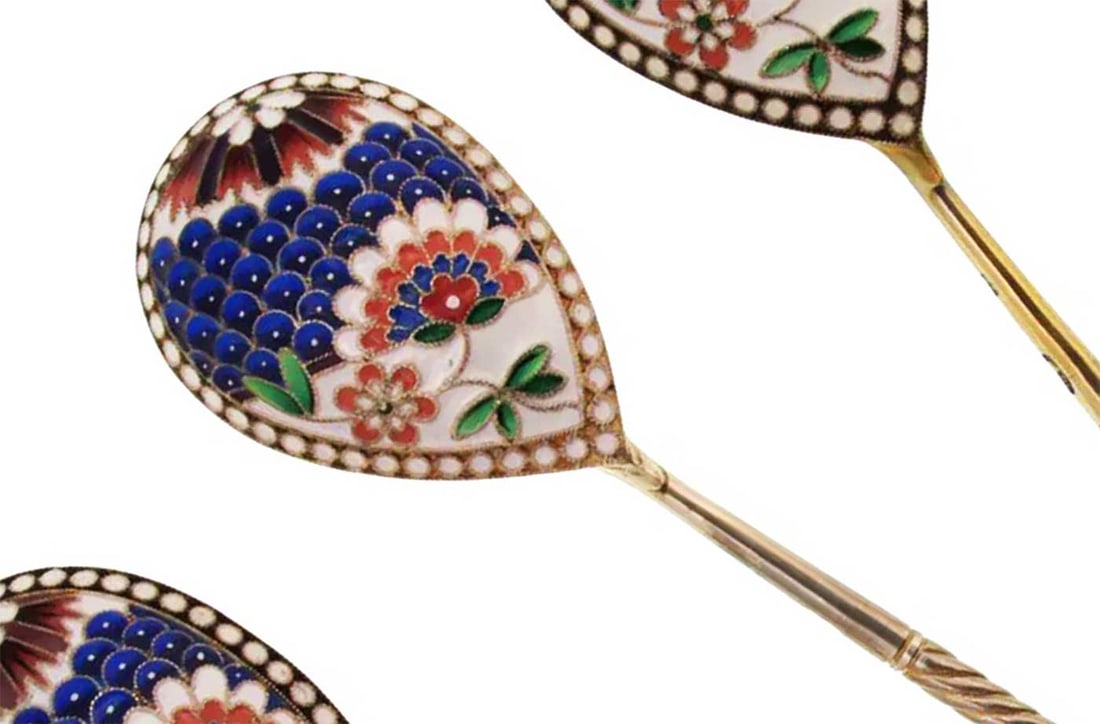 SET OF FIVE RUSSIAN SILVER GILT & CLOISONNE ENAMEL SPOONS: No Reserve! Limited-Time Price Reduction! SET OF FIVE RUSSIAN SILVER GILT & CLOISONNE ENAMEL SPOONS A beautiful set of five Russian gilt-silver spoons richly decorated with colorful cloisonne enamel g