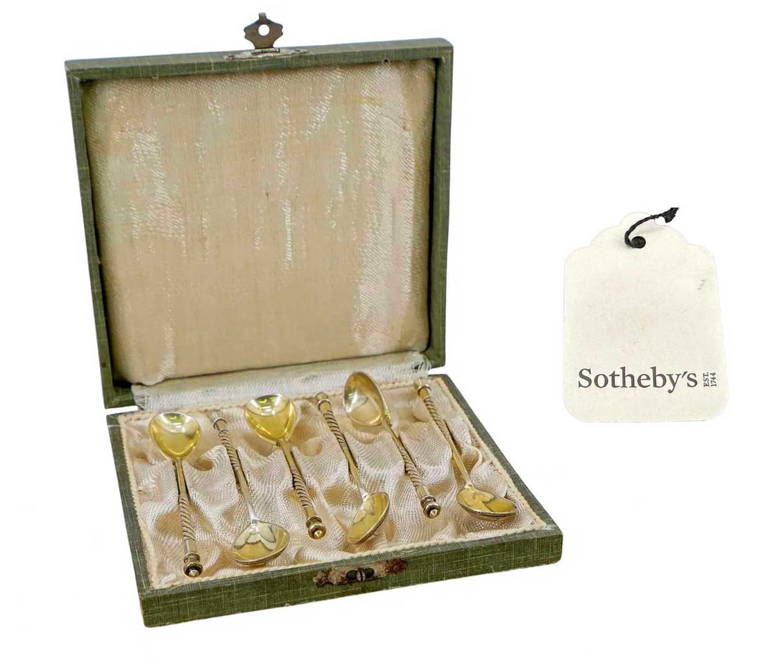 RUSSIAN IMPERIAL SILVER GILT & NIELLO COFFEE SPOONS, SET OF SIX, CASED, FROM SOTHEBY'S (1 of 12)
