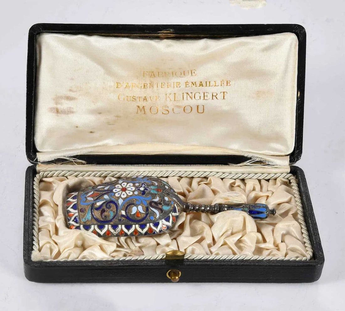 ANTIQUE RUSSIAN IMPERIAL SILVER GILT & ENAMEL SUGAR SCOOP, 1889 (1 of 10)
