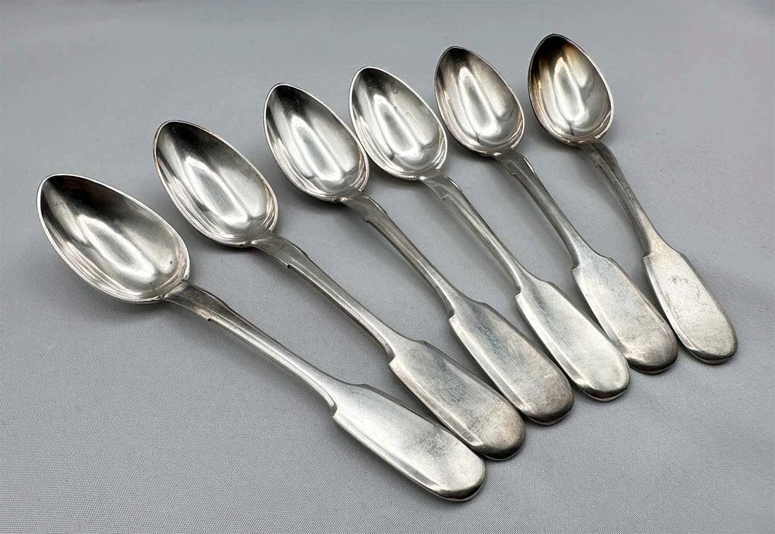 ANTIQUE RUSSIAN IMPERIAL SILVER TABLE SPOONS, SET OF SIX, VOLKOFF PROVENANCE: No Reserve! Limited-Time Price Reduction! ANTIQUE RUSSIAN IMPERIAL SILVER TABLE SPOONS, SET OF SIX, VOLKOFF PROVENANCE A fine set of six antique Russian Imperial silver tablespoons with distinguished 